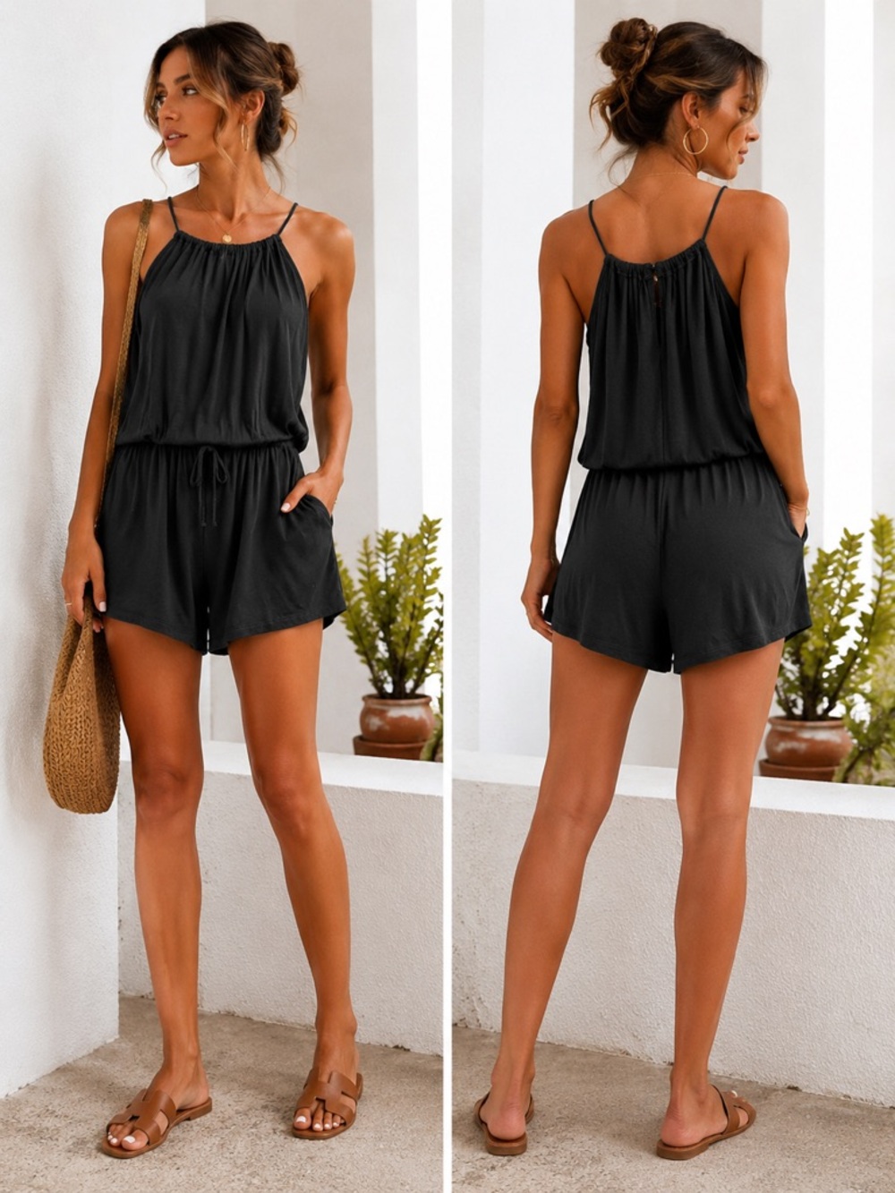 Maurices Black Sleeveless Romper with Drawstring Waist